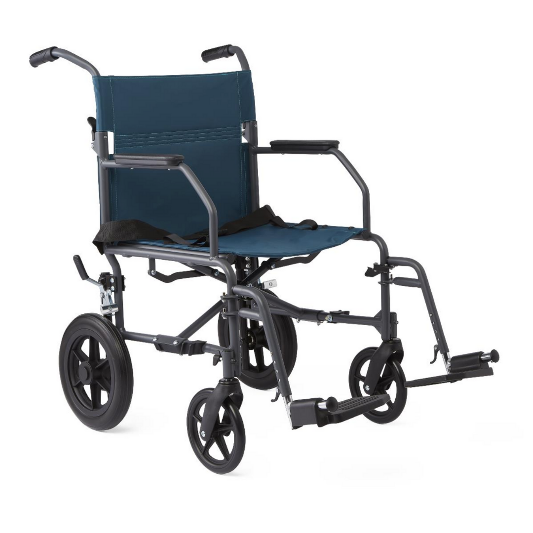 The Medline Designer High-Performance Transport Chair features a lightweight, foldable steel frame, blue fabric seat, black armrests and footrests, plus four small wheels—providing comfortable mobility assistance.
